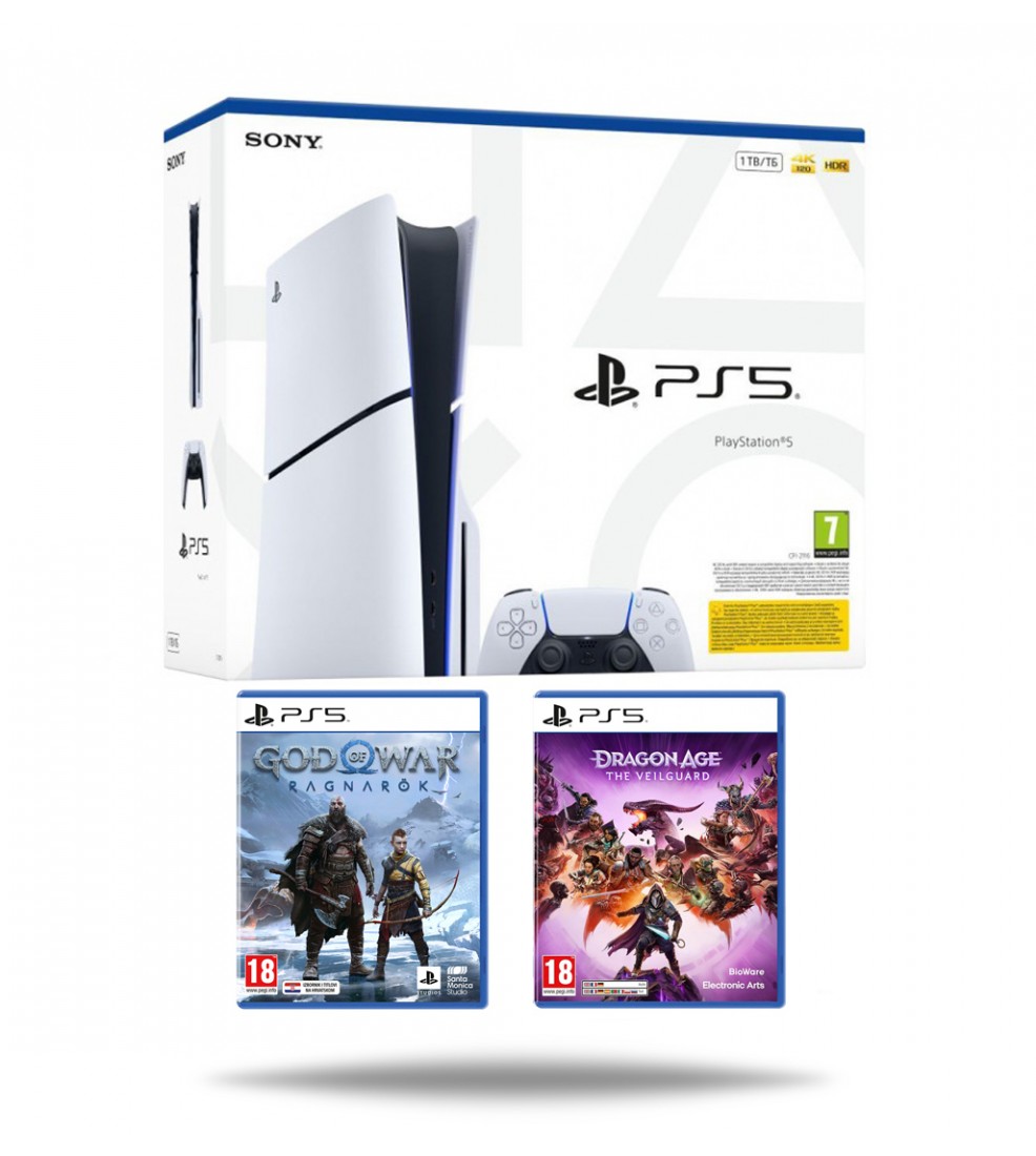 PlayStation 5 Slim E Chassis + God of War Ragnarok PS5 + Dragon Age: The Veilguard PS5