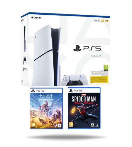 PlayStation 5 Slim E Chassis + Horizon Zero Dawn Remastered PS5 + Marvel Spider-Man Miles Morales PS5
