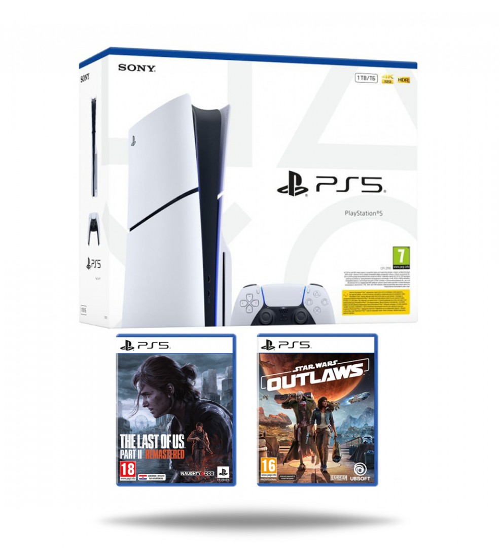PlayStation 5 Slim E Chassis + The Last of Us Part 2 Remastered PS5 + Star Wars Outlaws PS5 PlayStation 5 Slim E Chassis + The Last of Us Part 2 Remastered PS5 + Star Wars Outlaws PS5